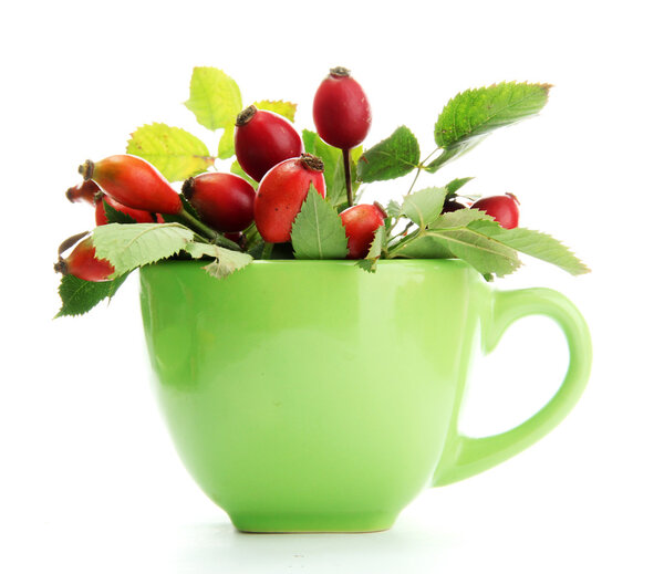 ripe hip roses with leaves in cup, isolated on white