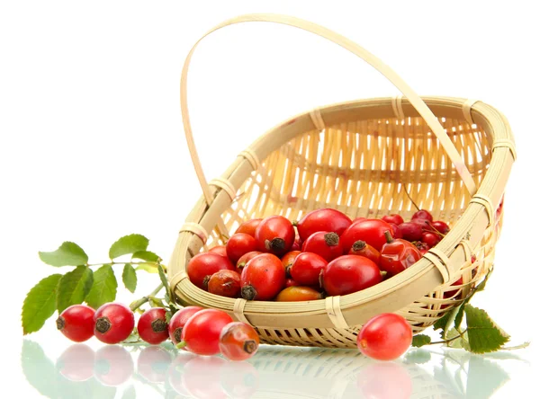 Ripe hip roses with leaves in basket, isolated on white — Stock Photo, Image