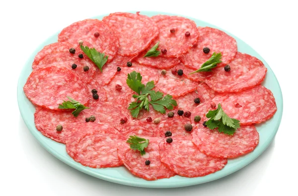 Tasty sausage with spices on plate, isolated on white — Stock Photo, Image