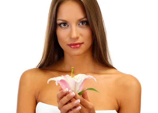 Krásná mladá žena s lily, izolované na bílém — Stock fotografie