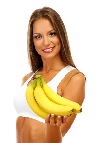 Bella giovane donna con banane, isolata su bianco — Foto Stock