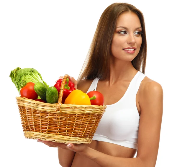 Hermosa mujer joven con verduras en cesta, aislado en blanco —  Fotos de Stock