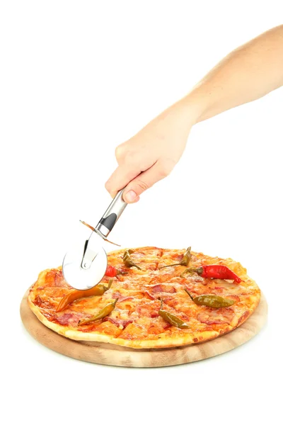 Corte sabrosa pizza de pepperoni en soporte de madera aislado en blanco —  Fotos de Stock