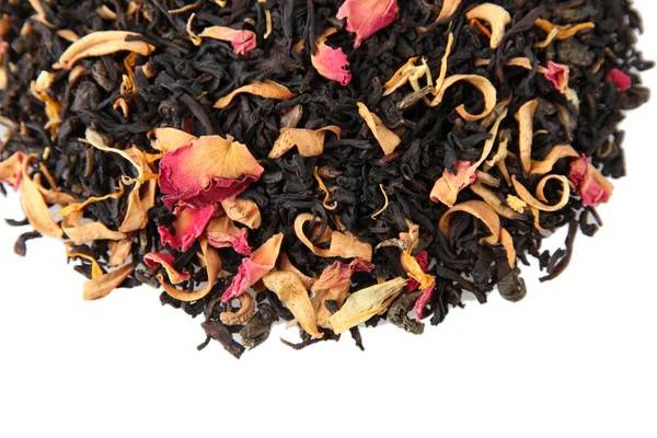 Aromatic black dry tea with fruits and petals, isolated on white — Stock Photo, Image