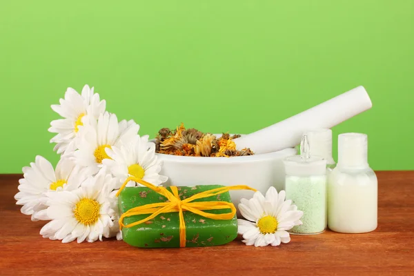 Ingredients for soap making on green background — Stock Photo, Image