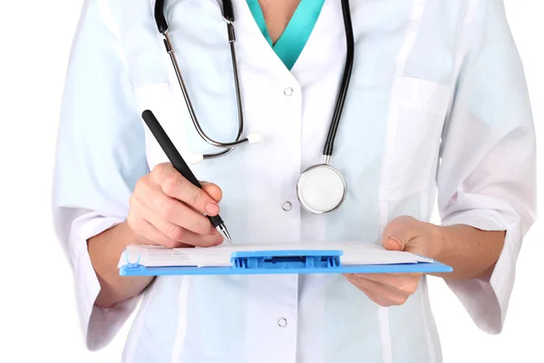 Hand of doctor with pen writing on prescription blank isolated on white — Stock Photo, Image