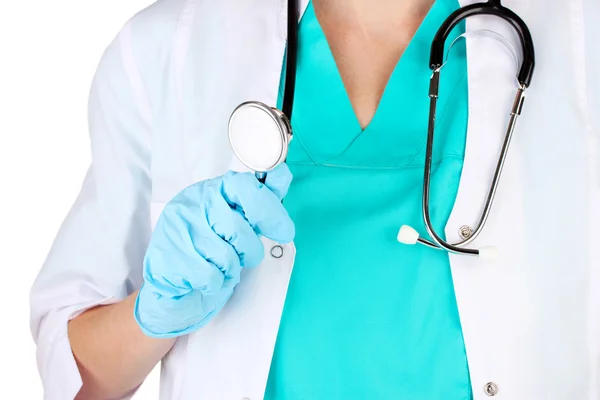 Lekarz z stetoskop w ręku. na białym tle — Zdjęcie stockowe