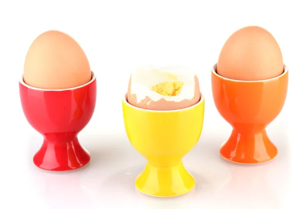 Boiled egg in egg cup isolated on white — Stock Photo, Image