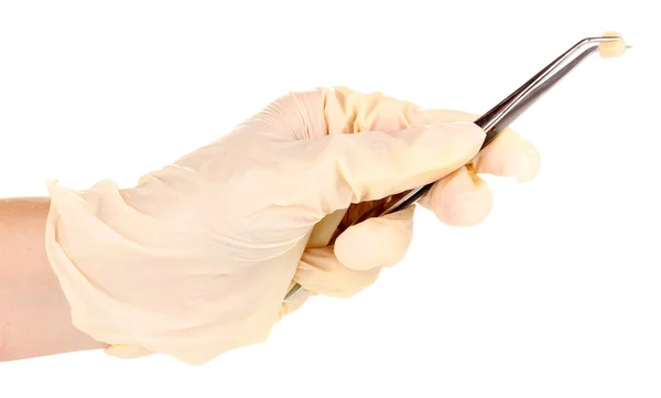 Dentists hands in medical gloves holding tweezers with denture isolated on white — Stock Photo, Image