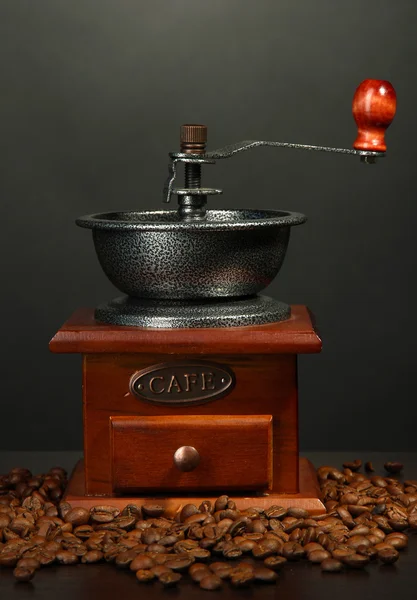 Gri zemin üzerine kahve çekirdekleri ile kahve değirmeni — Stok fotoğraf
