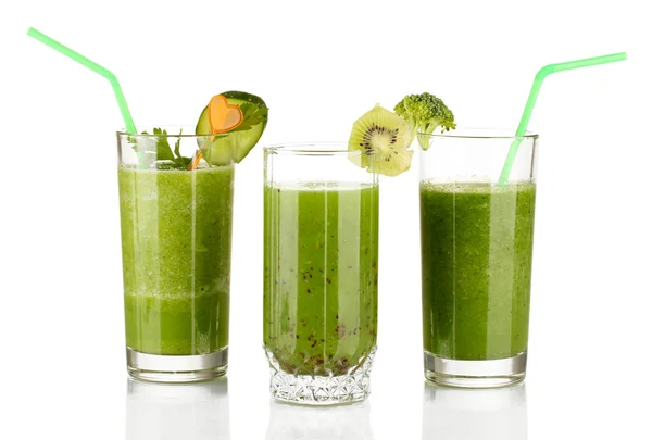 Trzy rodzaje zielony sok na białym tle — Zdjęcie stockowe