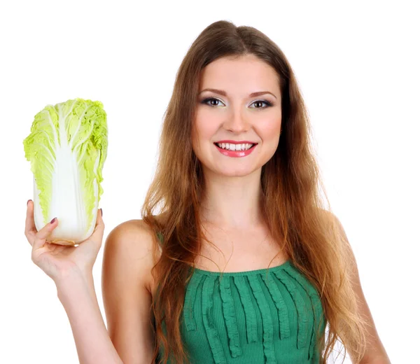 Beautiful woman with cabbage isolated on white — Stock Photo, Image