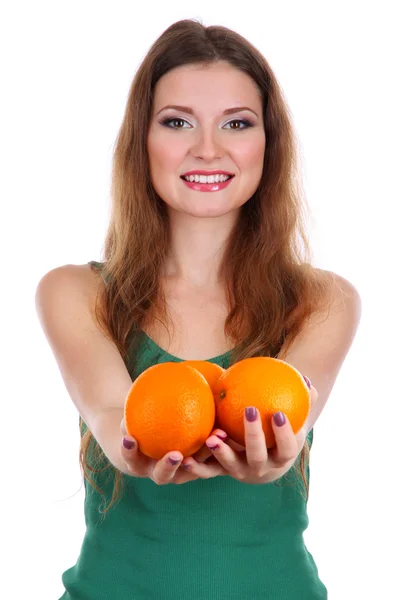 Mooie vrouw met oranje geïsoleerd op wit — Stockfoto