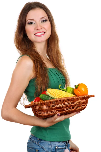 Beautiful woman with vegetables in wicker basket isolated on white — Stock Photo, Image