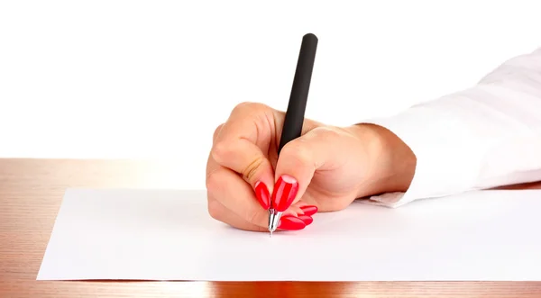 Ręce, pisanie na papierze na białym tle — Zdjęcie stockowe