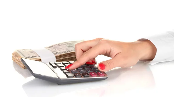 Kobieta ręce, robi obliczenia na kalkulator na białym tle — Zdjęcie stockowe