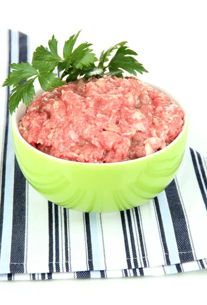 Bowl of raw ground meat isolated on white — Stock Photo, Image