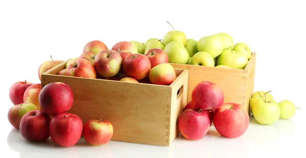 Sappige appels in houten kratten, geïsoleerd op wit — Stockfoto