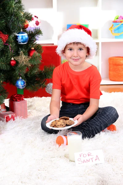 Bambino in cappello Babbo Natale con latte e biscotti per Babbo Natale — Foto Stock