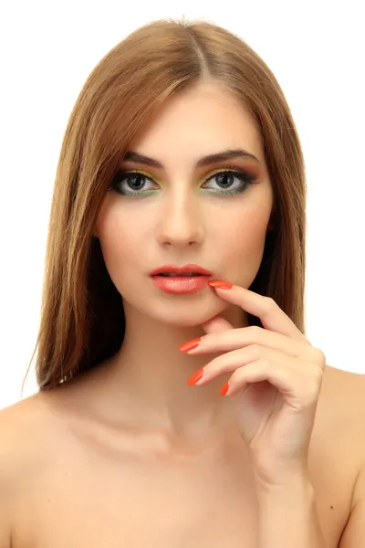 Retrato de sexy jovem mulher com glamour make up e laranja manicure — Fotografia de Stock