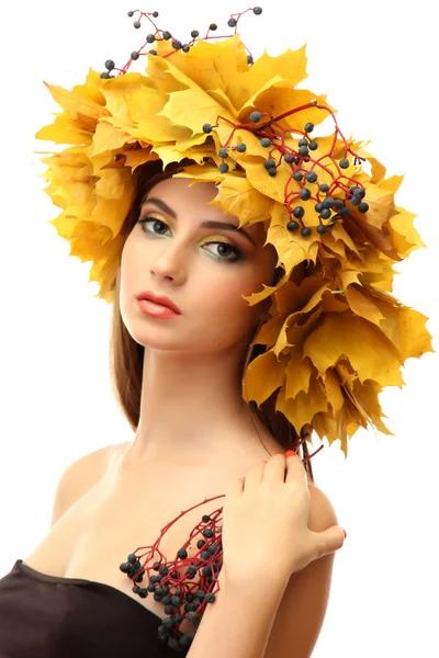 Beautiful young woman with yellow autumn wreath, isolated on white — Stock Photo, Image