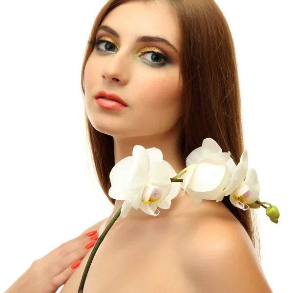 Retrato de mujer joven sexy con flor de orquídea blanca, aislado en blanco —  Fotos de Stock