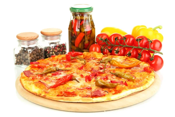 Tasty pepperoni pizza with vegetables on wooden board isolated on white Royalty Free Stock Photos