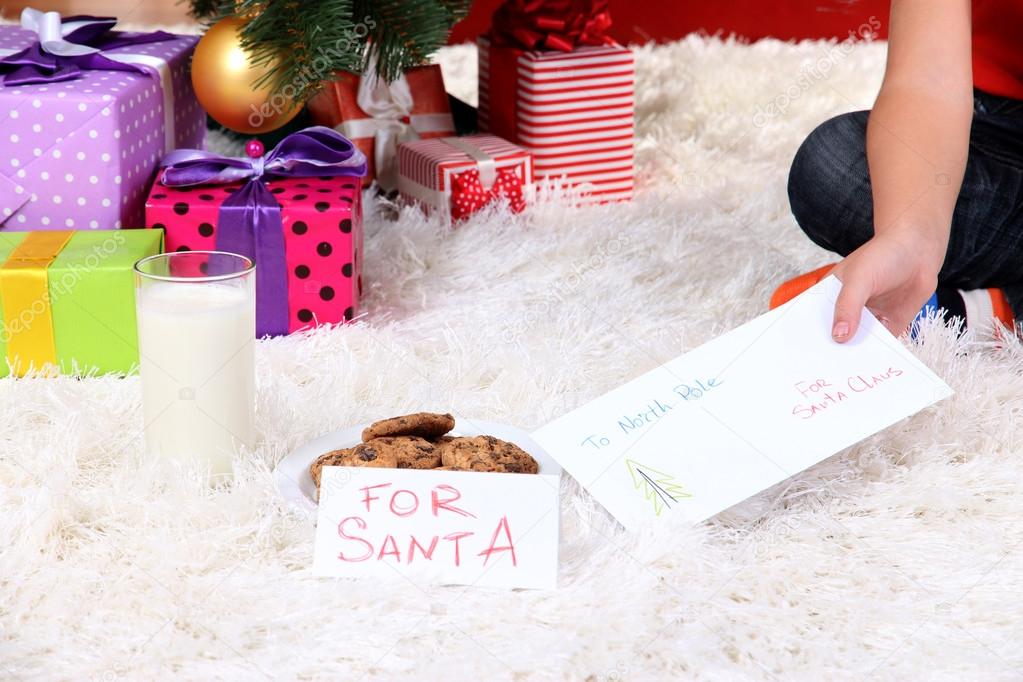 Milk, cookies and letter for Santa Claus under Christmas Tree
