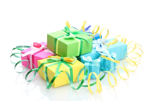 Bright gifts with bows isolated on white — Stock Photo, Image