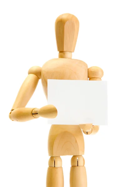 Wooden mannequin with empty paper isolated on white — Stock Photo, Image