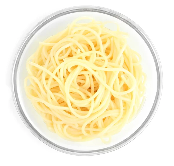 Italian spaghetti in glass bowl isolated on white — Stock Photo, Image