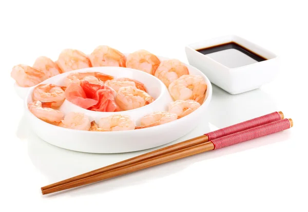 Prawns on plate with chopsticks and sauce isolated on white — Stock Photo, Image