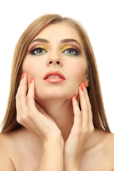 Portret van sexy jonge vrouw met glamour make-up en oranje manicure — Stockfoto