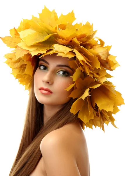 Beautiful young woman with yellow autumn wreath, isolated on white — Stock Photo, Image