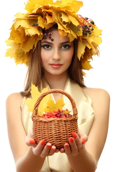 Beautiful woman with wreath and basket with barberry, isolated on white — Stock Photo, Image