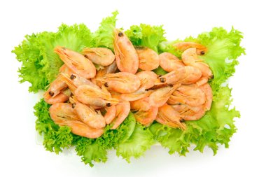 tabakta üzerine beyaz izole marul yaprakları ile haşlanmış karides