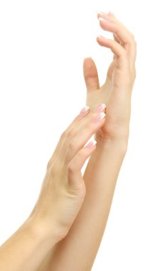 güzel kadın el ile üzerine beyaz izole manikür, Fransız