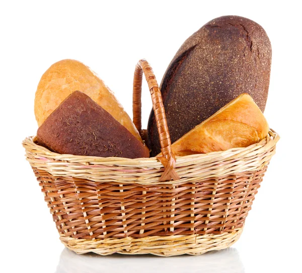 Fresh bread in basket isolated on white — Stock Photo, Image