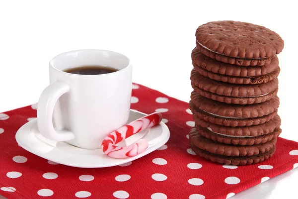 Chocolate cookies with creamy layer and cup of coffe isolated on white — Stock Photo, Image