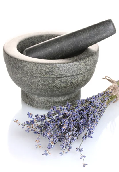 Lavender flowers with mortar isolated on white — Stock Photo, Image