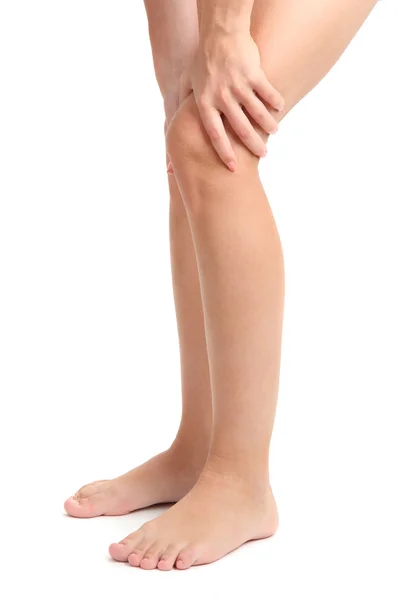 Tartó fájó lábát, elszigetelt fehér női — Stock Fotó
