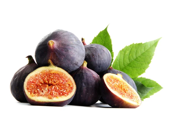 Ripe sweet figs with leaves isolated on white — Stock Photo, Image