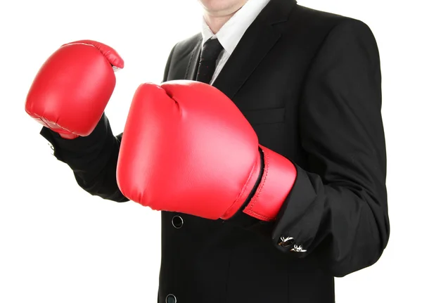 Hombre de negocios en guantes de boxeo aislados en blanco —  Fotos de Stock