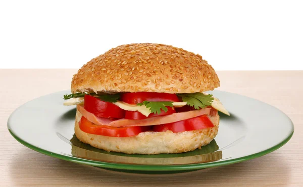 Sandwich appétissant sur plaque de couleur isolée sur blanc — Photo