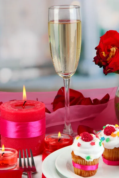 Table setting in honor of Valentine's Day on room background — Stock Photo, Image