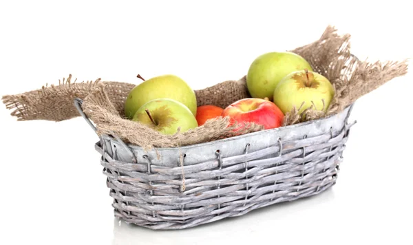 Ripe apples in basket isolated on white — Stock Photo, Image