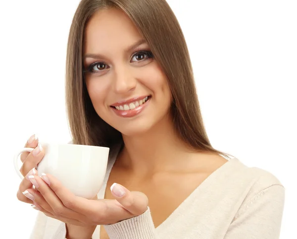 Krásná mladá žena s šálkem kávy, izolovaných na bílém — Stock fotografie