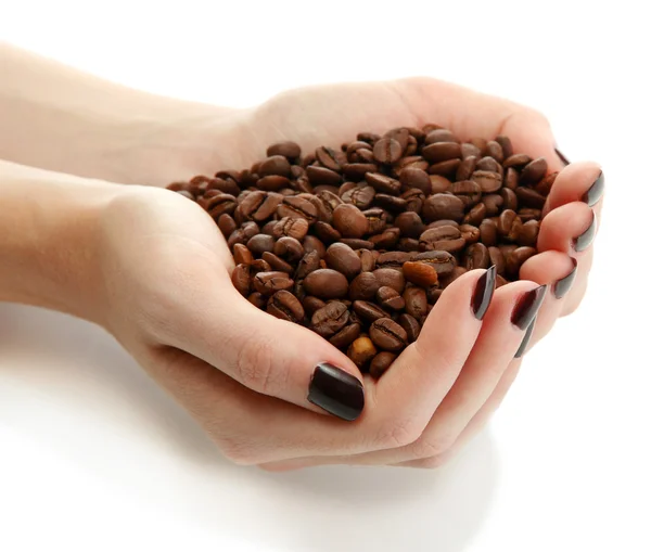 Female hands with coffee beans, isolated on white — Stock Photo, Image