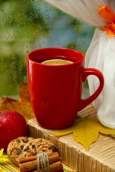 Taza de té caliente y hojas de otoño, sobre fondo de lluvia —  Fotos de Stock