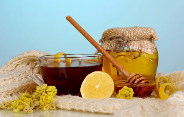 Healthy ingredients for strengthening immunity on warm scarf on blue background — Stock Photo, Image